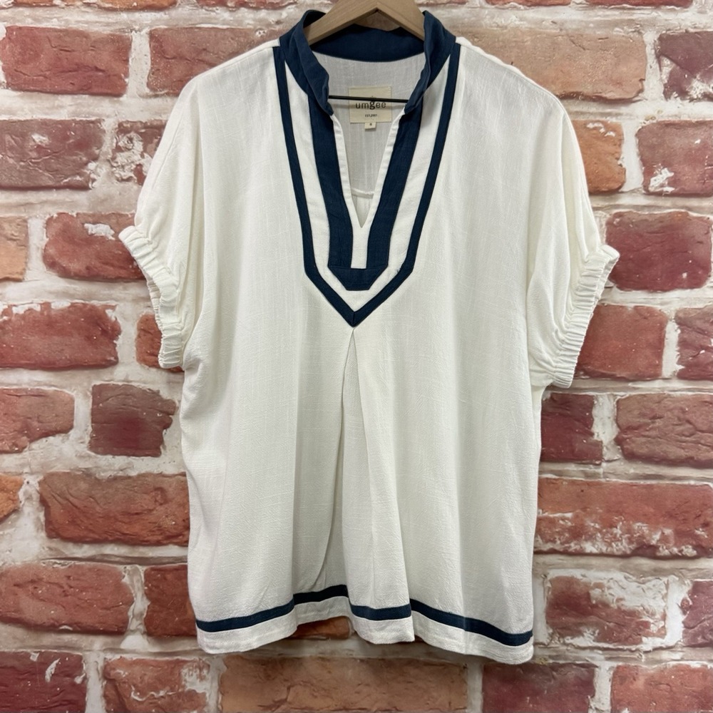 Umgee Top Women's Small White Blue Linen Blend Coastal  Beachy Casual Shirt